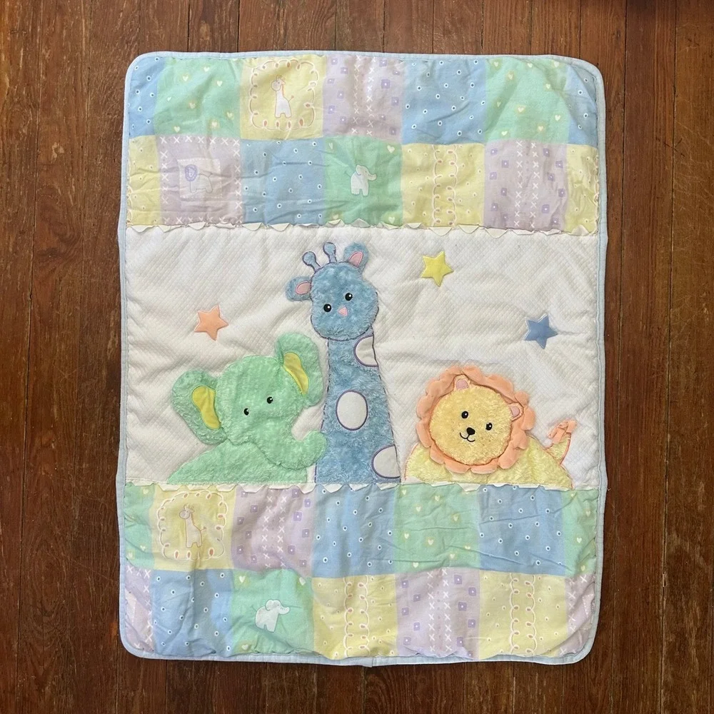 Vintage Lambs & Ivy Baby Quilt Blanket Crib Comforter Safari Pastel Patchwork